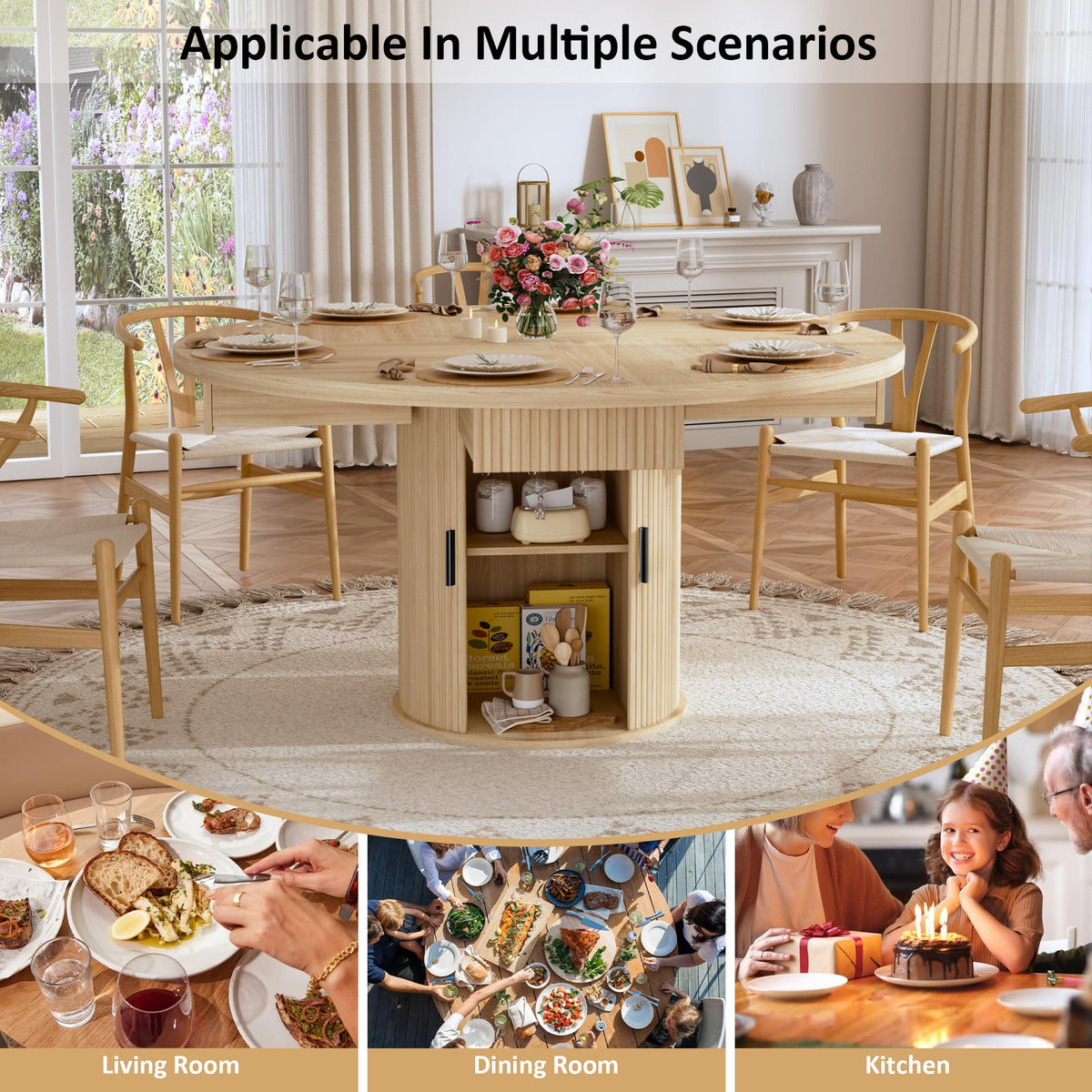 47.2" Round Wood Dining Table with 4 Drawers G94216